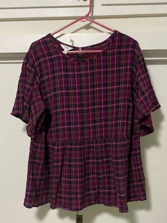 Terra & Sky Tops - FEMININE & COLORFUL, Terra & Sky, short sleeve, burgundy plaid blouse, size 1X